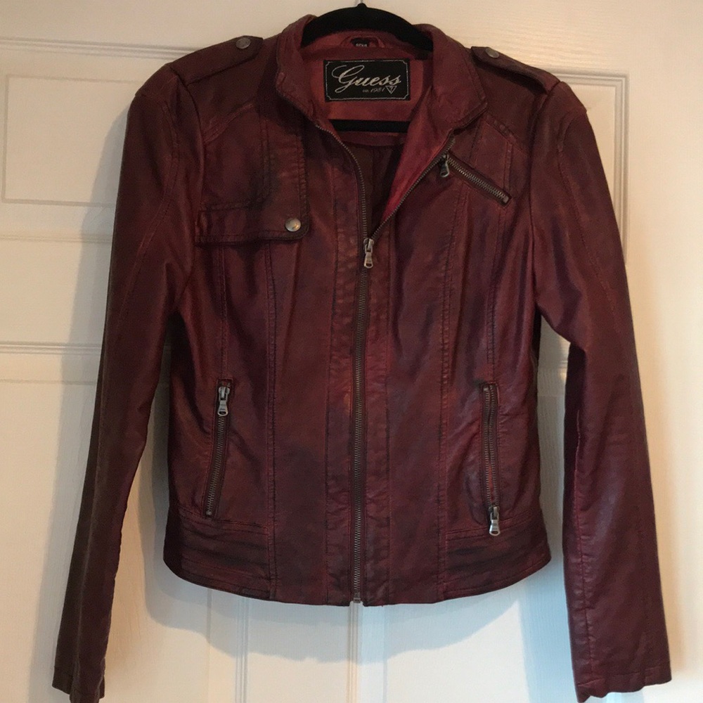 Guess Maroon Faux Leather Moto Jacket size small